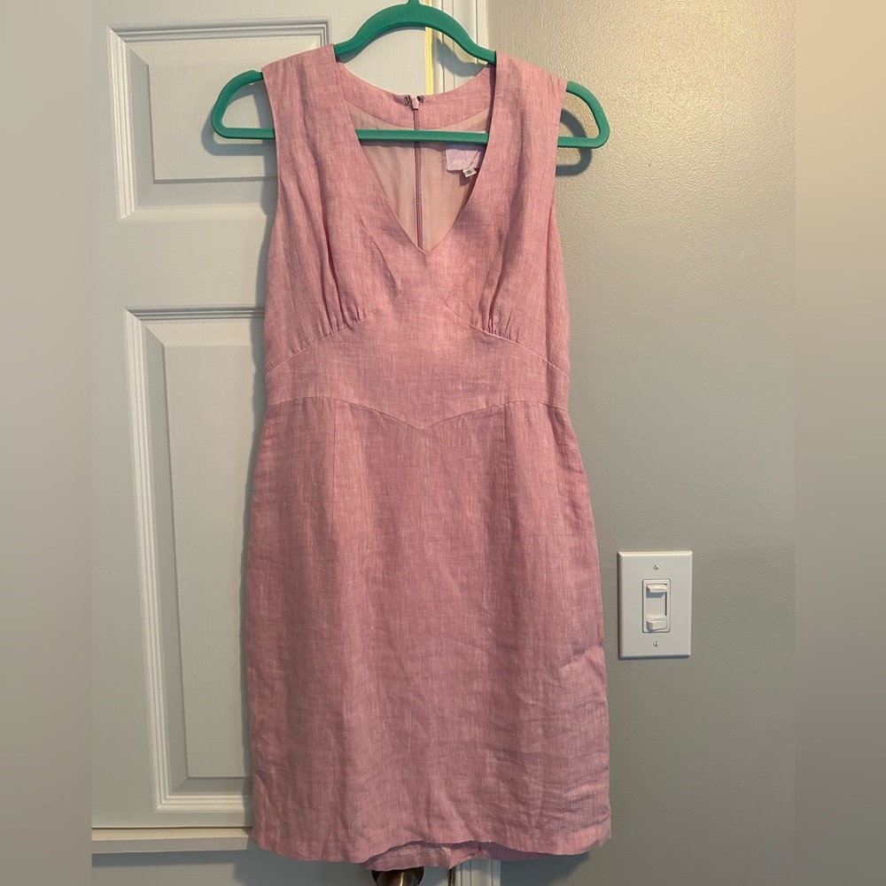 Michelle Farmer pink linen v-neck dress Sz S